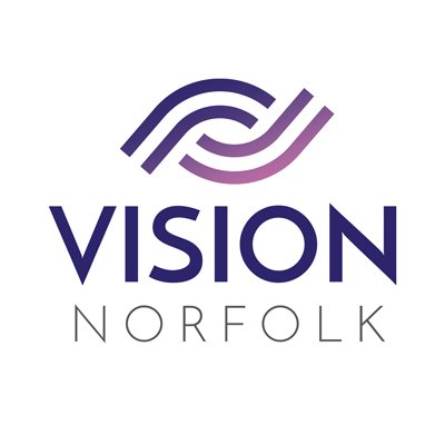 The blue, purple and pink Vision Norfolk logo with a graphic of an eye over the top