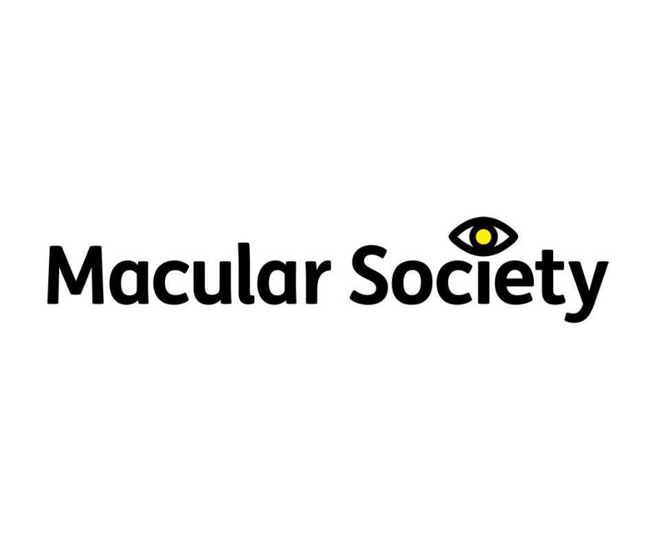 Macular Society written in black text on a white background with a yellow eye over the i