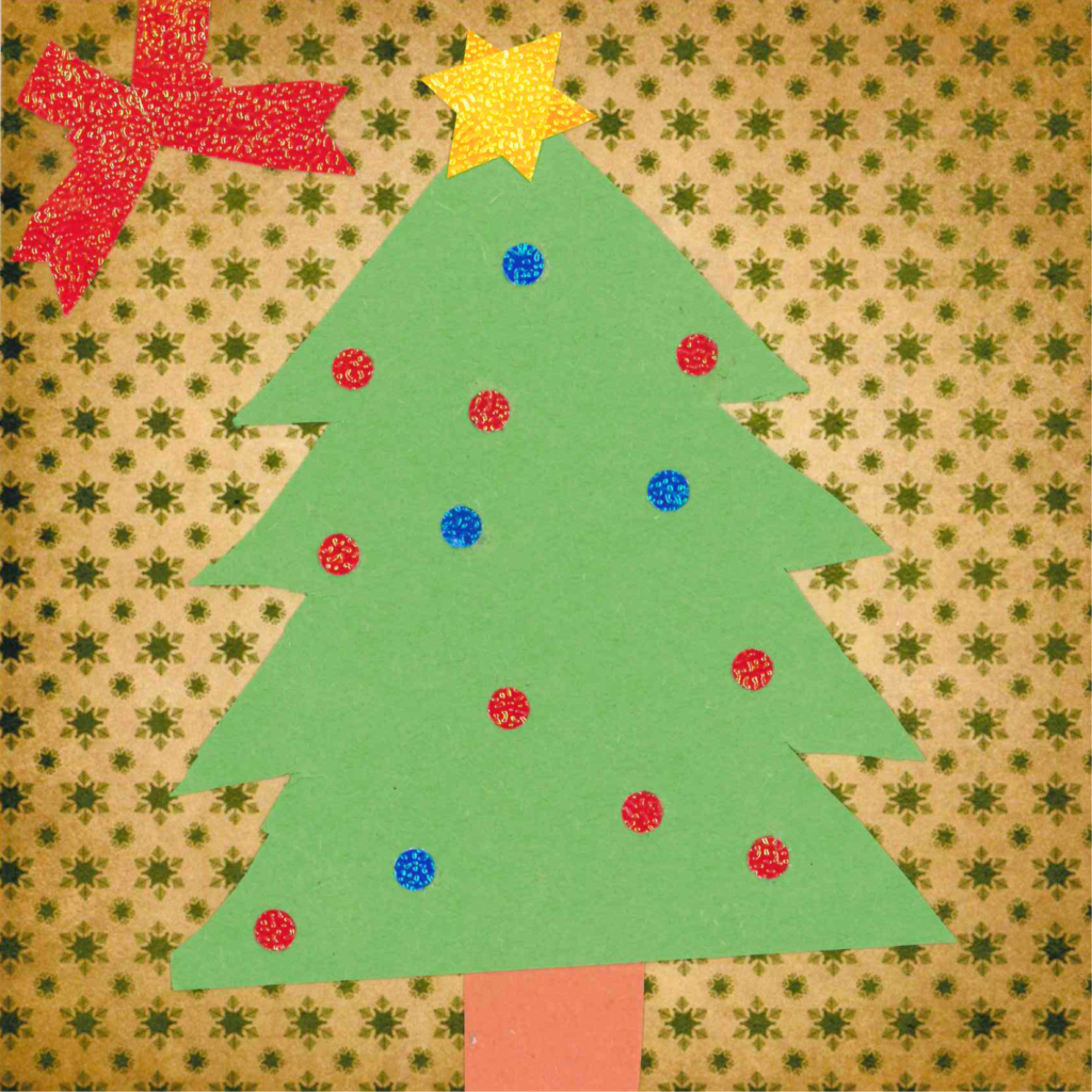 A Christmas tree with red and blue sparkly ornaments and a sparkly star on brown patterned paper. There is a sparkly red bow in the top left corner.