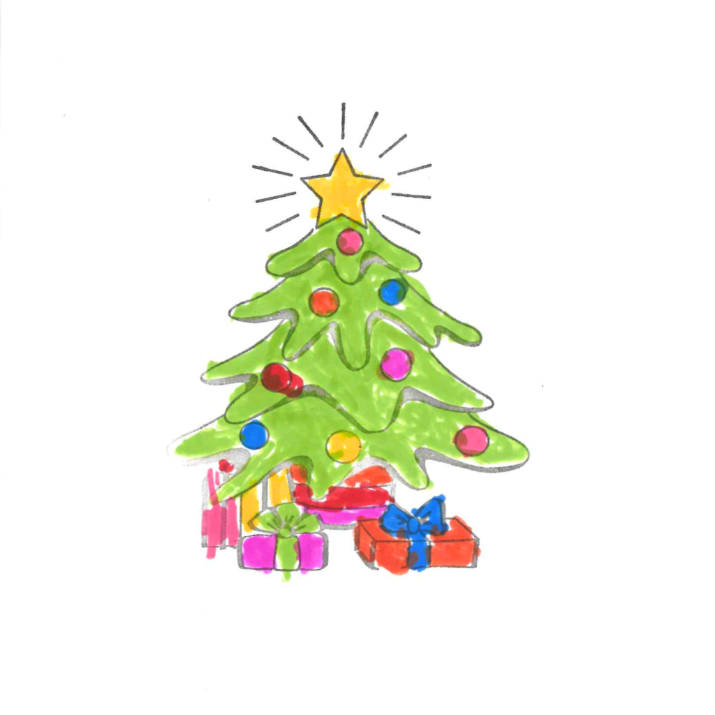Stamped outline of a decorated Christmas tree with presents a star on top. Coloured in with felt tip pens in bright green, yellow, pink, orange, red, purple and blue.
