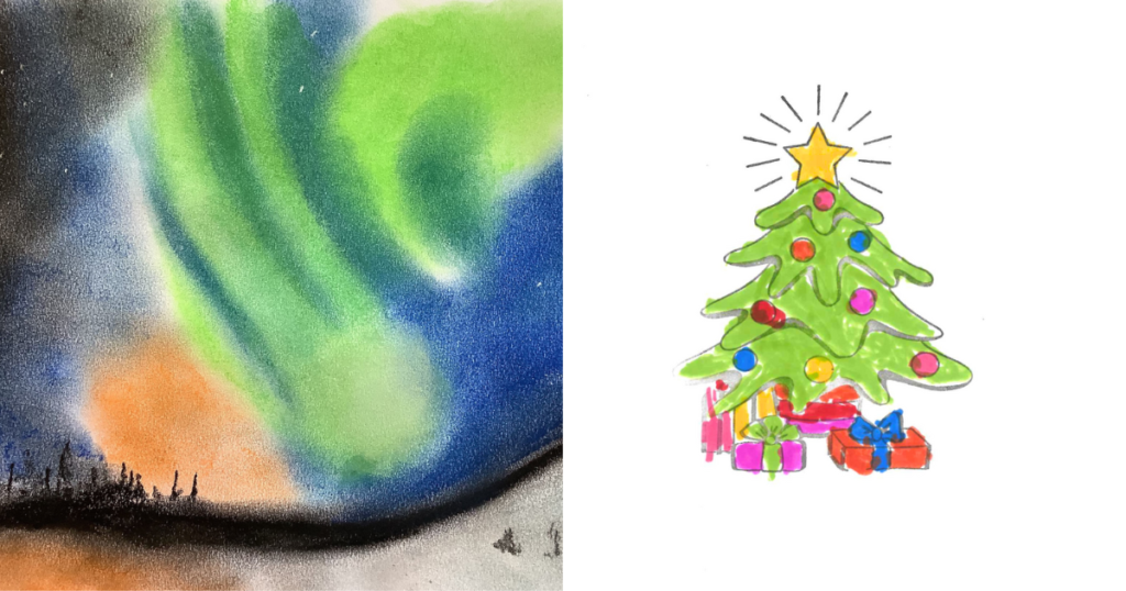 Two card designs for the Christmas Art Competition. One the left is a charcoal of the blue, green and orange Northern lights. On the write is an outline of a decorated Christmas tree filled in with marker.