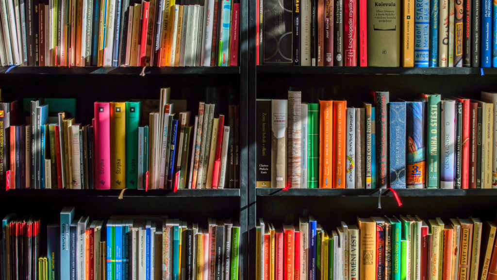 Three shelves across two black bookcases filled with books of various sizes and colours.