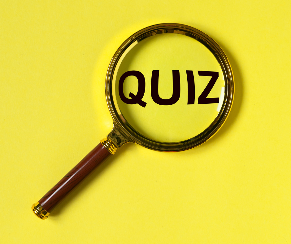 A large magnifying glass placed over the work "quiz" on a plain yellow background.