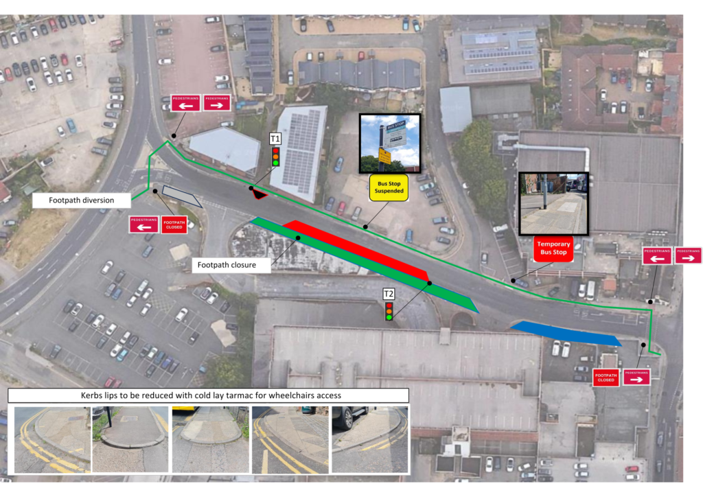 Outline of the traffic management plan for the Edward Street roadworks indicating the footpath diversion, temporary traffic lights and temporary bus stop relocation described in the post. There is also a series of images of five kerbs that are to be reduced with cold lay tarmac for wheelchair access.