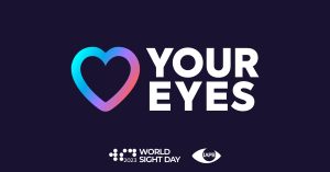 A large blue, pink and purple heart and the white text "Your Eyes" on a dark blue background. At the bottom are the logos for World Sight Day 2023 and IAPB.