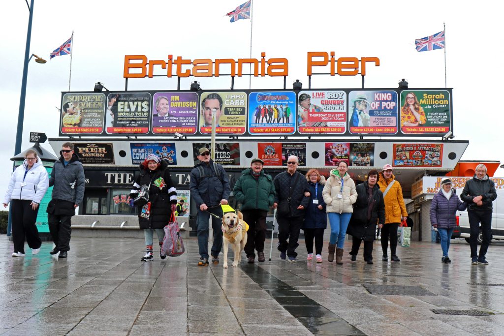 A group of vision impaired walkers from Vision Norfolk step out for a walk on Great Yarmouth seafront