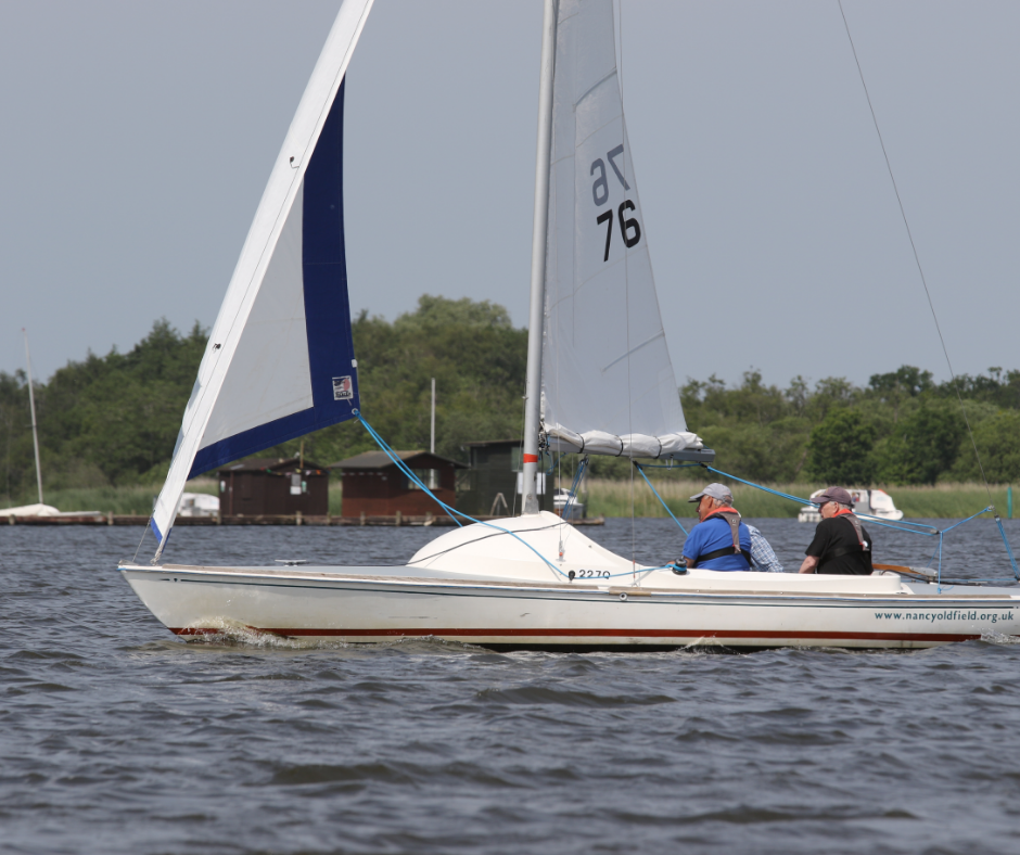 Three men wearing caps and lifejackets in a small sailing dinghy on a lake.