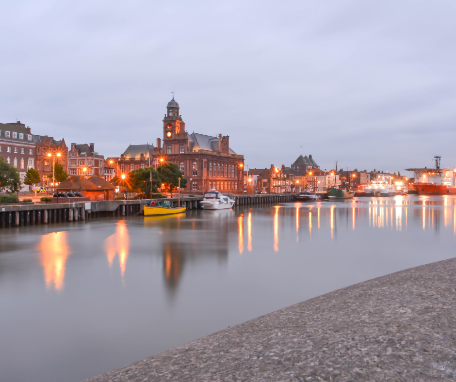 The skyline including Great Yarmouth Town Hall photographed across the water.
