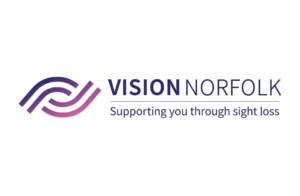 The blue, pink and purple Vision Norfolk logo with a graphic of an eye and the text "Supporting you through sight loss"