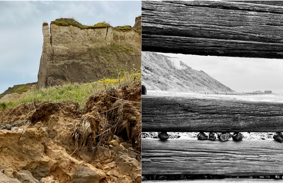 Two photographs side by side. On the left: Photo shows a rugged, eroded cliffside under a cloudy sky. In the foreground, the ground is uneven and rocky, with reddish-brown soil and chunks of stone scattered around. Some areas look freshly exposed, as if rain or wind recently washed parts of the earth away. There’s a small patch of muddy water near the bottom of the scene. In the background, the cliff rises sharply upward. Its face is light beige with dark grey and brown layers running through it, showing how the earth has built up over time. The top of the cliff is covered with a thin layer of green grass and small patches of yellow wildflowers. Deep cracks run down parts of the cliff, hinting that pieces might eventually break off. On the Right: Photo shows a black and white close up image of a wooden groyne with 6 small pebbles stuck in the small gap of the groyne through the larger gap at the top of the picture you can just make out the clifftop.