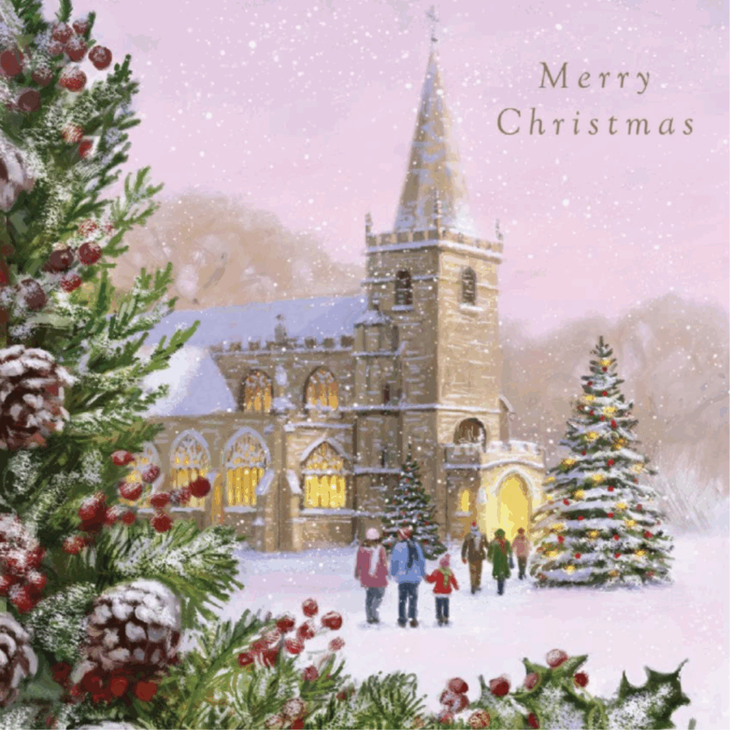 A snowy church glows warmly under a pink winter sky. A decorated Christmas tree stands outside, surrounded by people walking through the snow. In the foreground, pine branches with red berries and frosted pinecones frame the scene.