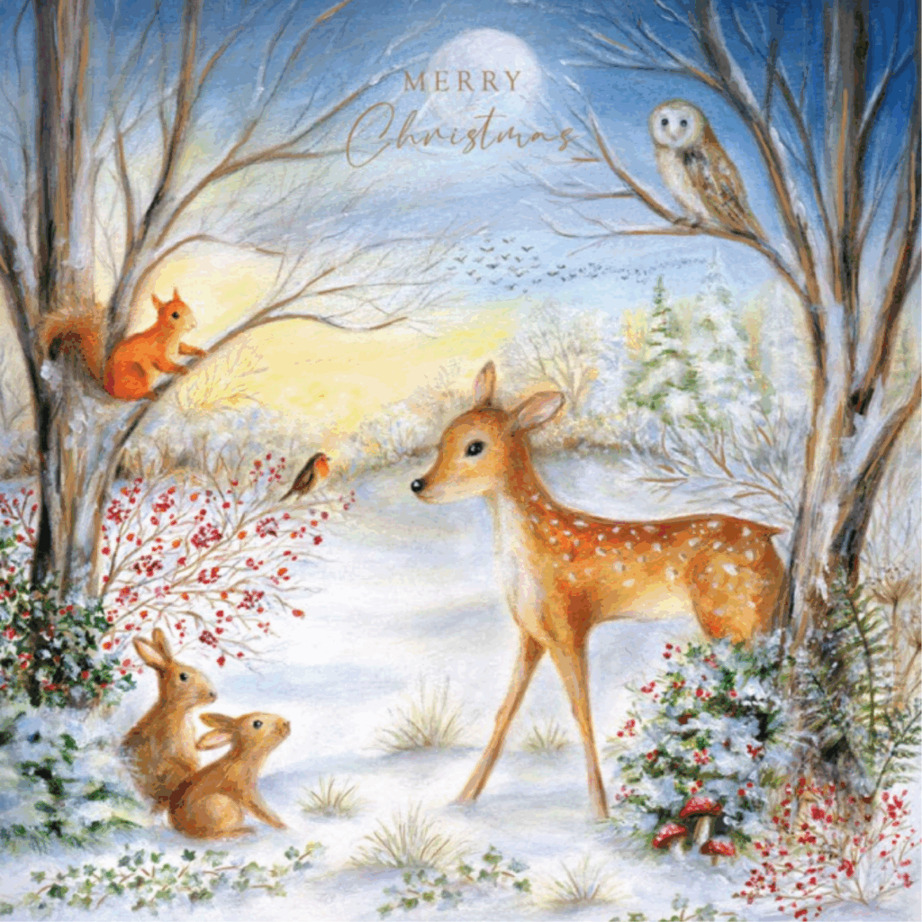 A peaceful woodland scene at dusk, with a deer standing in the snow and an owl, squirrel, and robin perched among bare winter trees. Red berries, ivy, and tiny mushrooms add festive touches of colour.