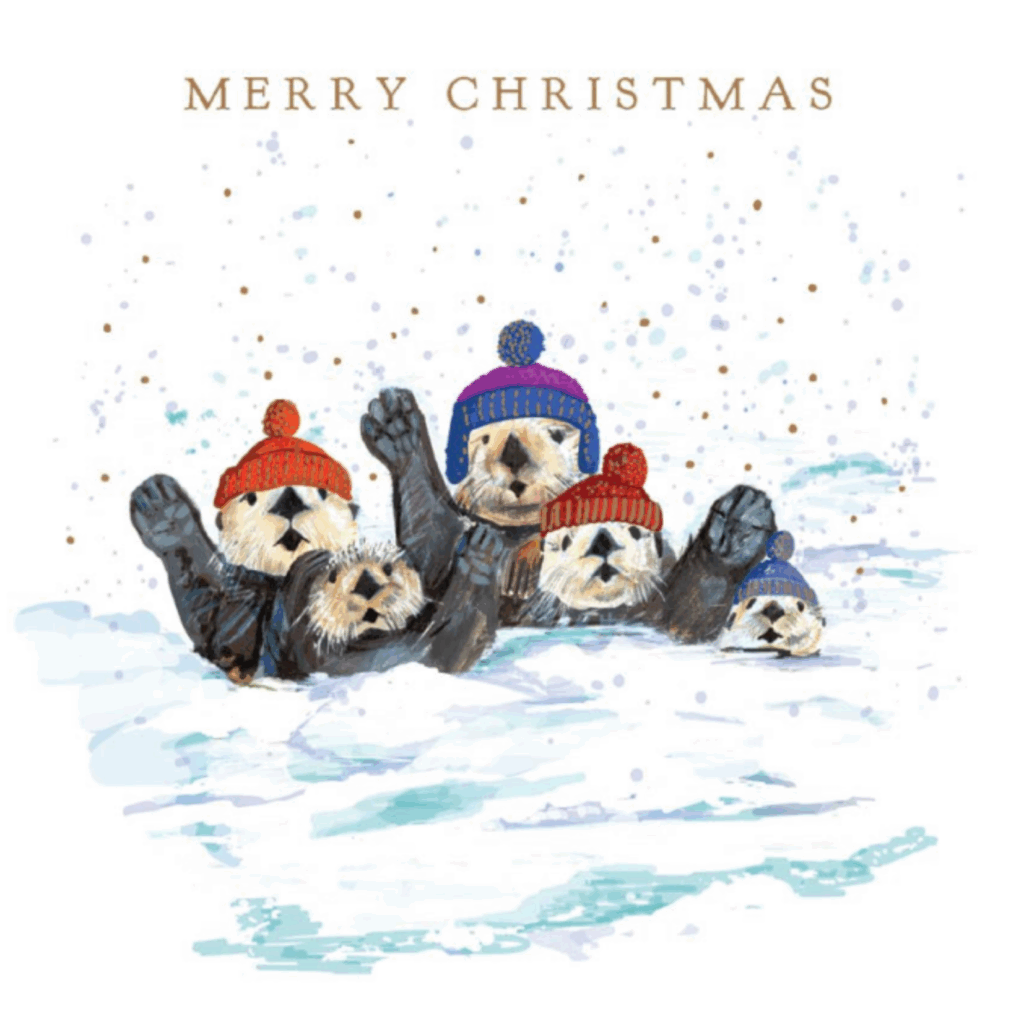 Five otters wearing colourful woolly hats play together in the snow. They wave happily with their paws raised, while snowflakes fall gently around them.