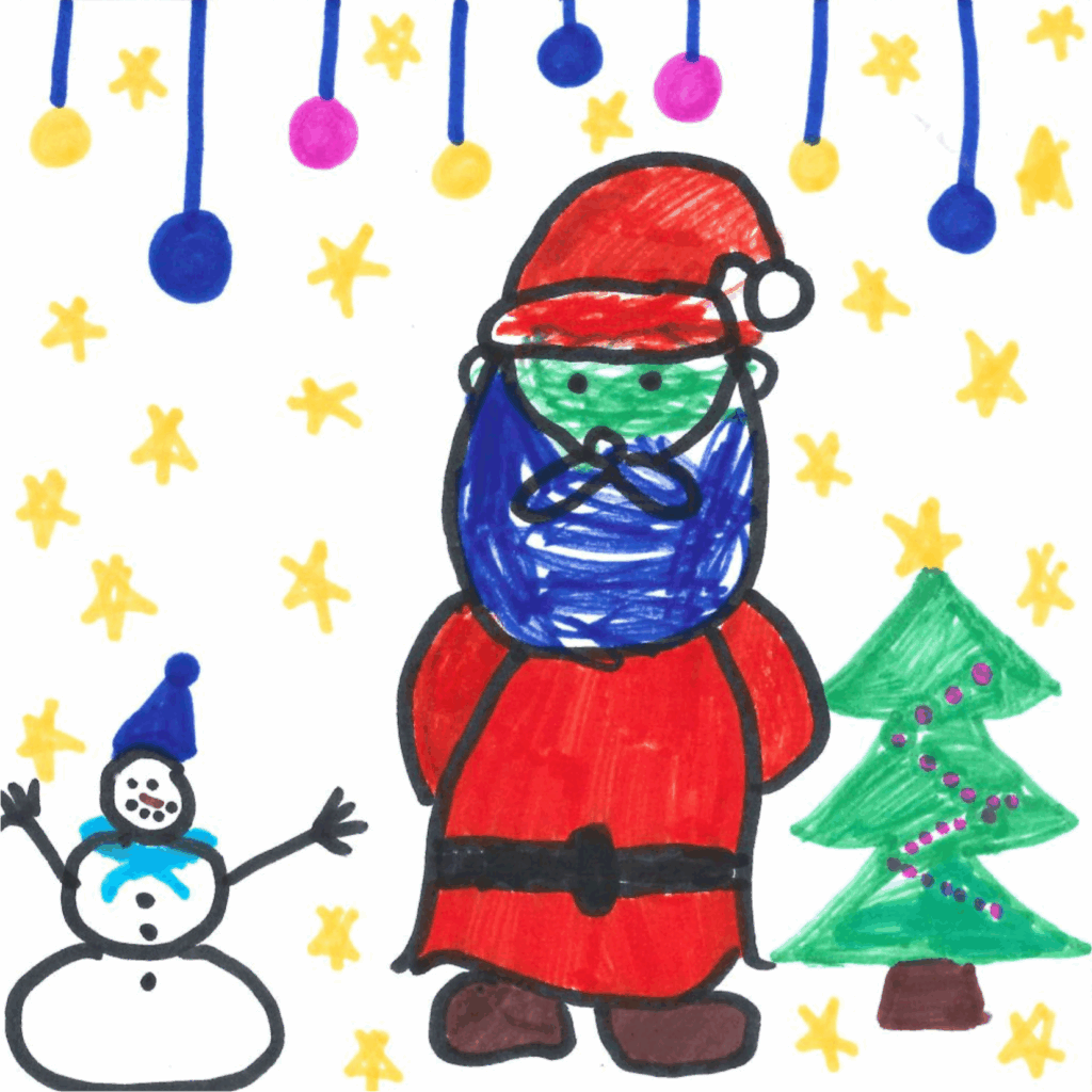 A bright drawing showing Santa with a blue beard standing beside a snowman and a green Christmas tree. The background is filled with yellow stars and hanging blue, pink, and purple baubles.