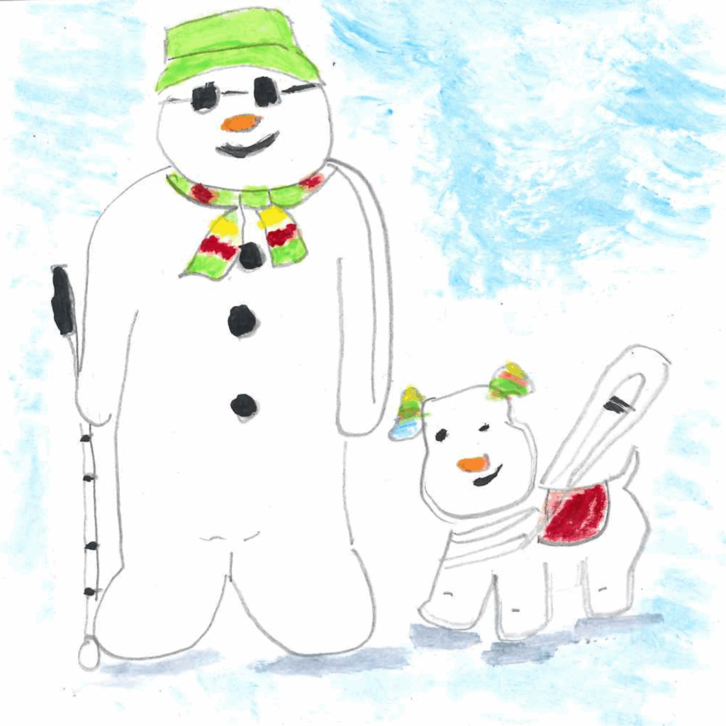A smiling snowman wearing dark glasses. a green hat and scarf and holding a white cane, stands beside a white dog with a red harness and green-and-red ear decorations. Both stand on snow under a pale blue sky.