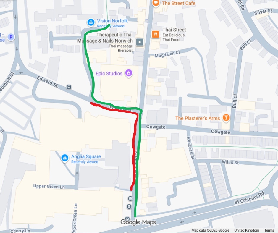 A map of Anglia square showing pedestrian access from City Centre to Vision Norfolk up Magdalen Street. The side of the street next Anglia Square, highlighted in red, is closed. The far side of the street, highlighted in green remains open to pedestrians.