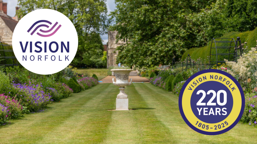 A photo of a garden urn siting between two rows of plants in The Bishop's Garden in Norwich. At the bottom is the text "Summer Garden Party, Sunday 26th July, 1pm-4:30pm, Bishop's Garden, Norwich. In the top left corner is the Vision Norfolk Logo and in the bottom right corner is the 220th anniversary logo.