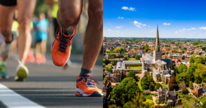 Two photos side by side. On the left is a photo of people's feet in bright trainers running in a race. On the right is an overhead view of Norwich Cathedral.