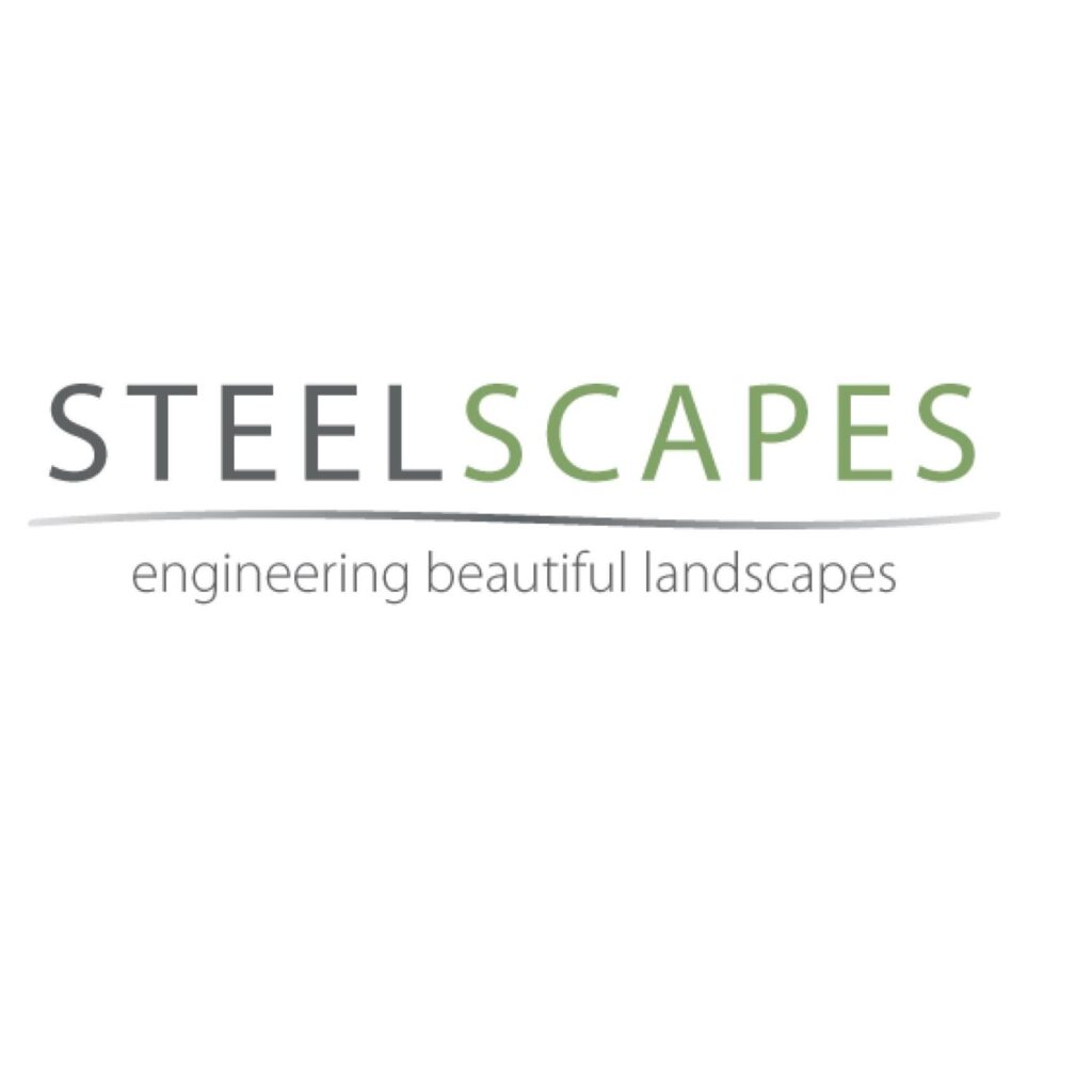 The grey and green Steelscapes logo with the tagline "engineering beautiful landscapes".