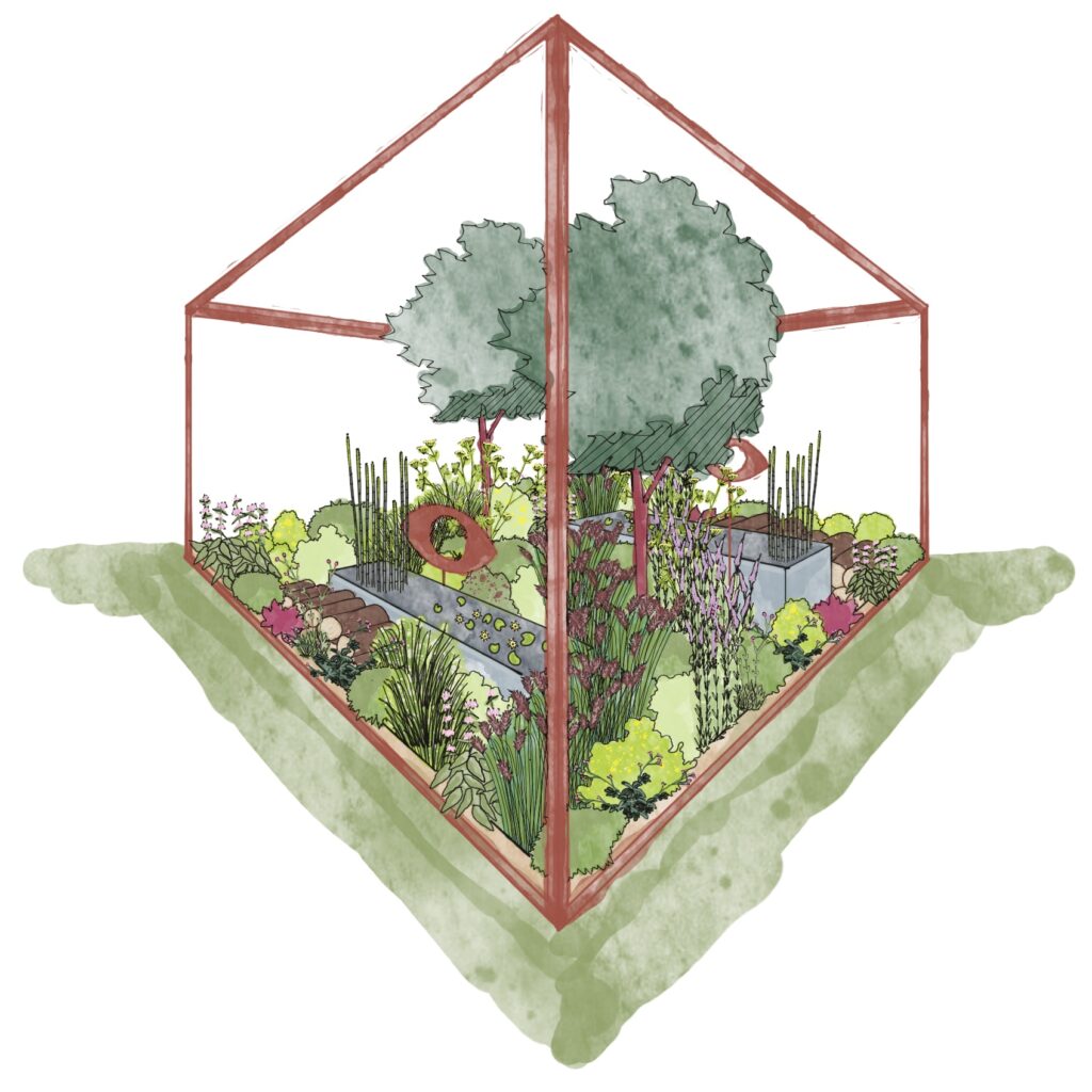 An illustration of the 'Vision in Bloom' community cube garden designed by Rajul Shah for the 2026 RHS Sandringham Flower Show. The view point show a comer of the cube with two water troughs, two eye sculptures at different heights, two framing trees and lots of low lying plants.