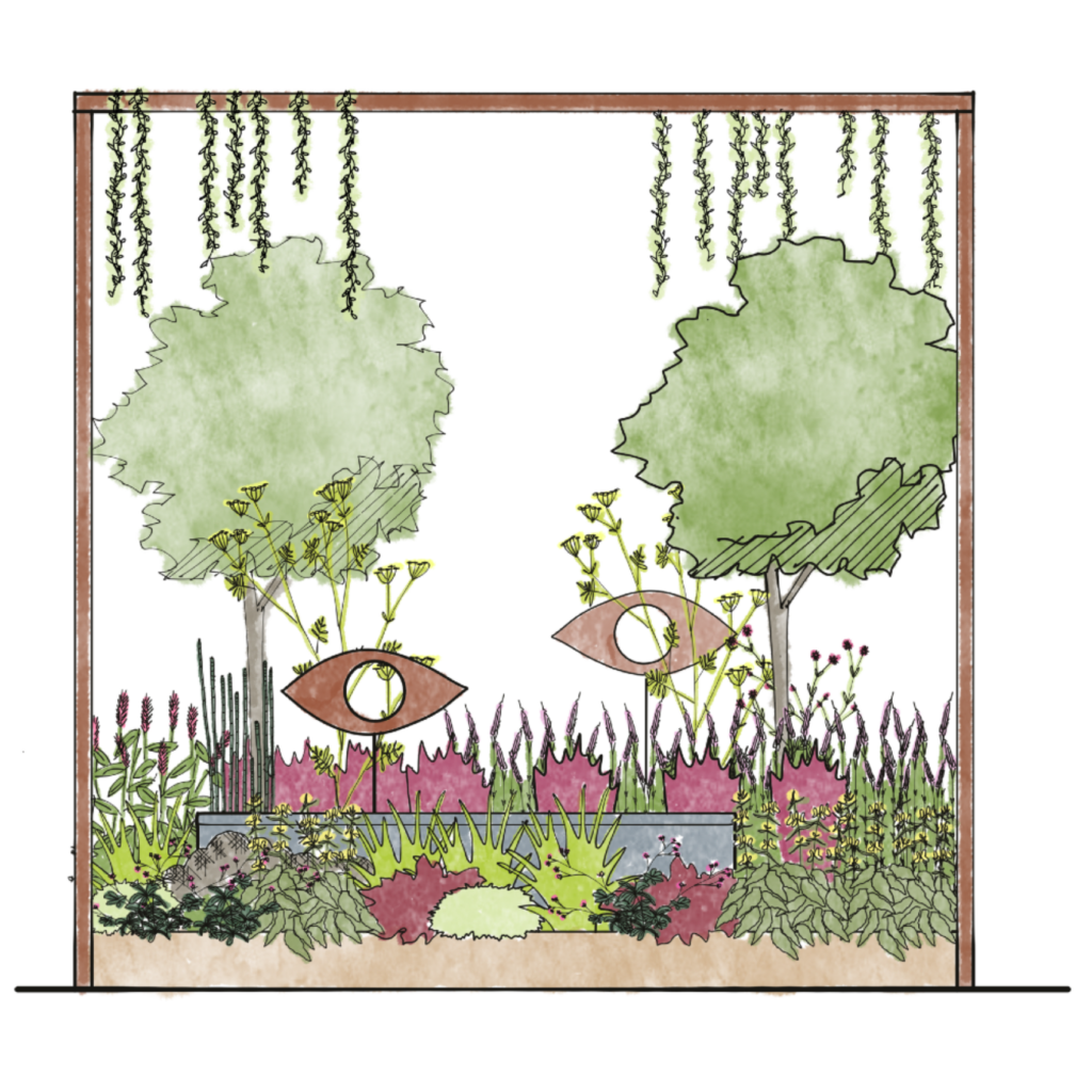 The design for the ‘Vision in Bloom’ garden for RHS Sandringham Flower Show, designed by Rajul Shah, featuring two asymmetrical eye shaped viewfinders framed by trees.