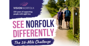 Graphic for the fundraising event that says "Vision Norfolk, 220 years of supporting people with sight loss, See Norfolk Differently, The 26-Mile Challenge". On the right is a photo of two people hiking.