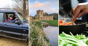 Three photo representing upcoming activities. On the left a woman is smiling while driving a car. In the centre is Oxburgh Hall. On the right is someone frying vegetables in a pan.