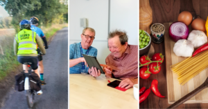 Three photo representing upcoming activities. On the left a person on the back of a tandem bicycle wearing a top that says "Blind Cyclist". In the centre a man is demonstrating something on a tablet. On the right is a collection of ingredients on a table including tomatoes, peppers, garlic, onion, pasta and more.